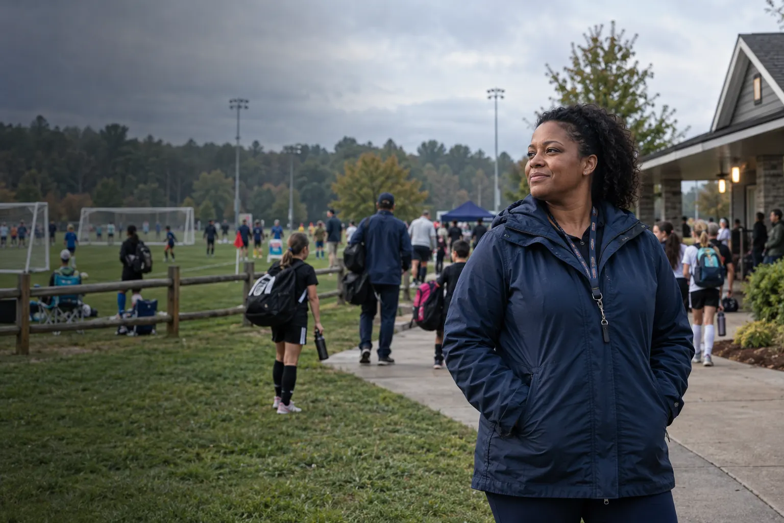 A club director overseeing teams arriving at a community soccer complex