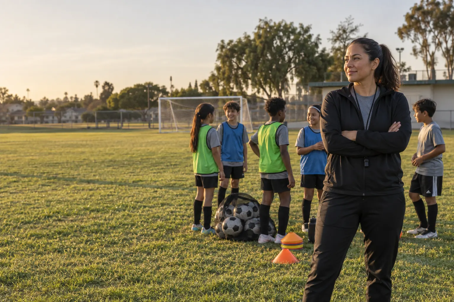 A community soccer coach with players at an accessible neighborhood field