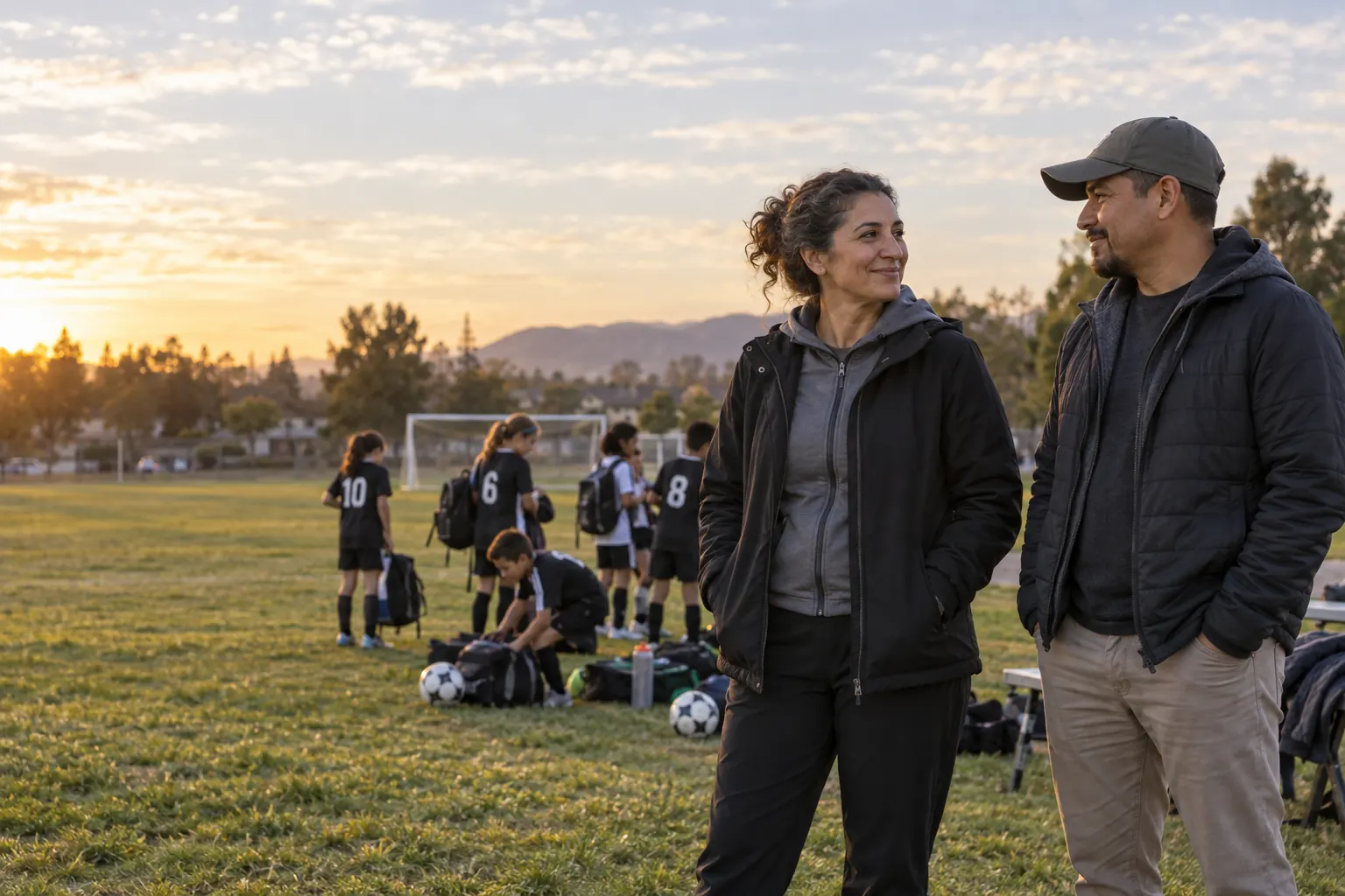 A coach and parent volunteer watching a community soccer practice