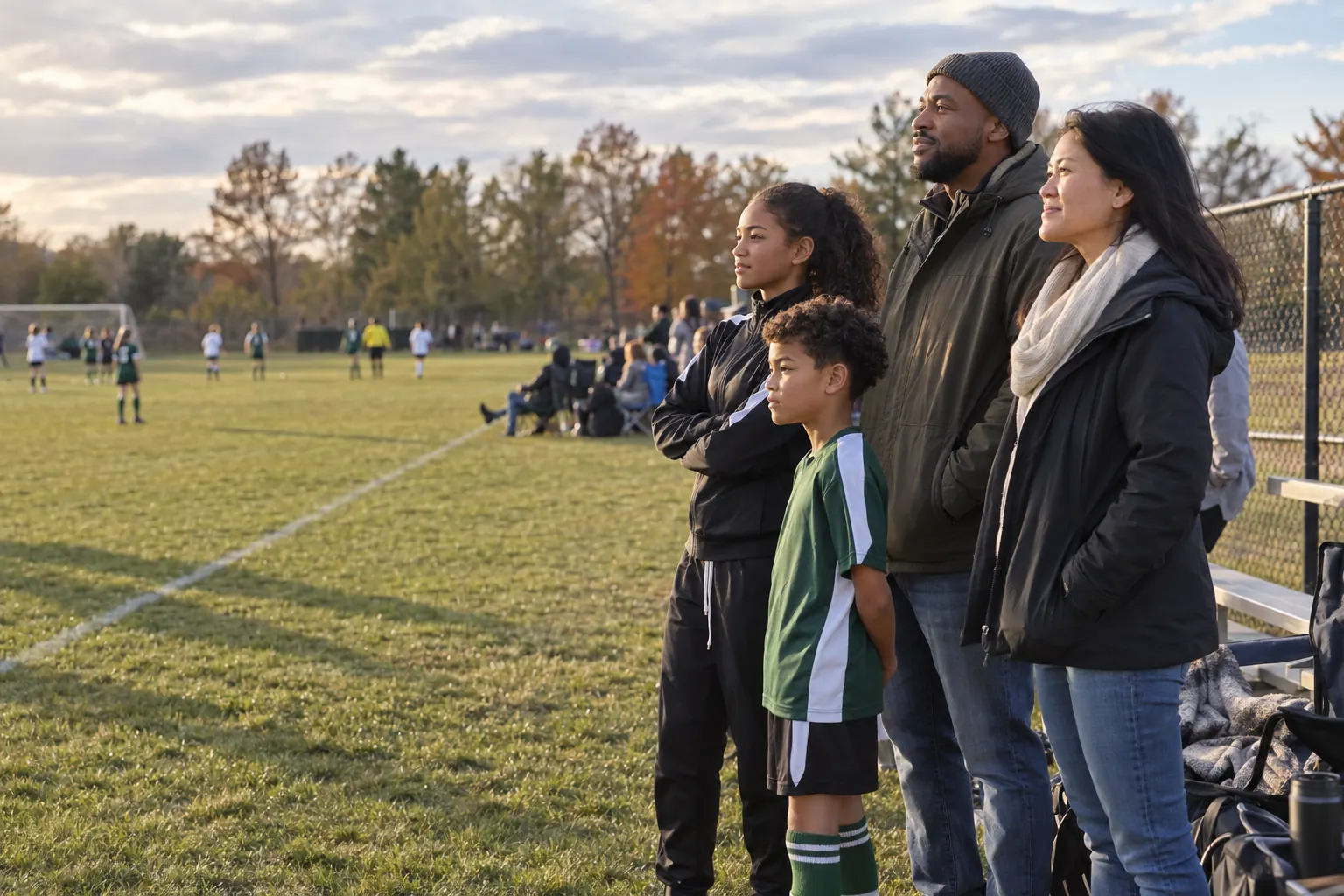 A family watching a youth soccer match together from the sideline