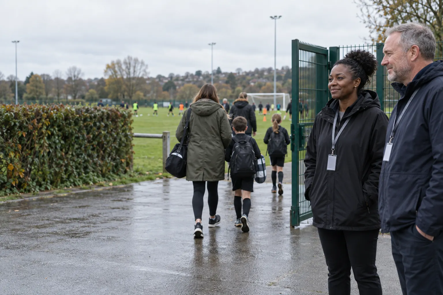 Club safeguarding staff welcoming families through a supervised field entrance